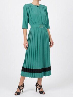 Vintage Joseph Ribkoff Green Pleated Midi Dress 80s Secretary Shoulder Pads